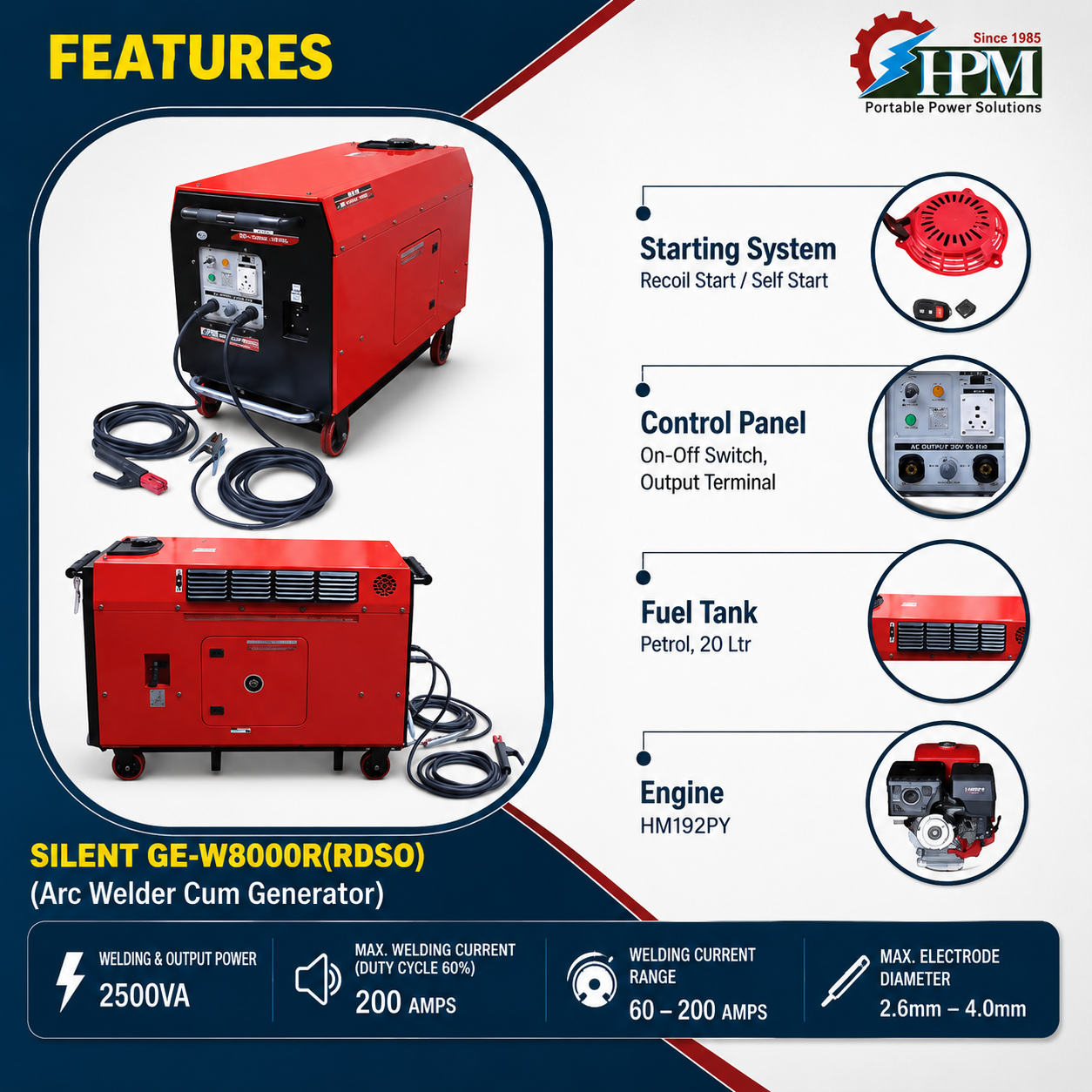 250 Amps - 6 KW, Smart Petrol Welding Generator, Recoil & Self Start Model Silent GE-W8000RS